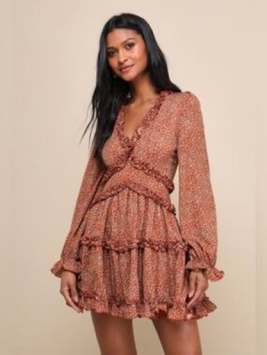 Lulus Dresses & Skirts - Lulu's Admire You Rust Orange Floral Ruffle Minidress Sz M